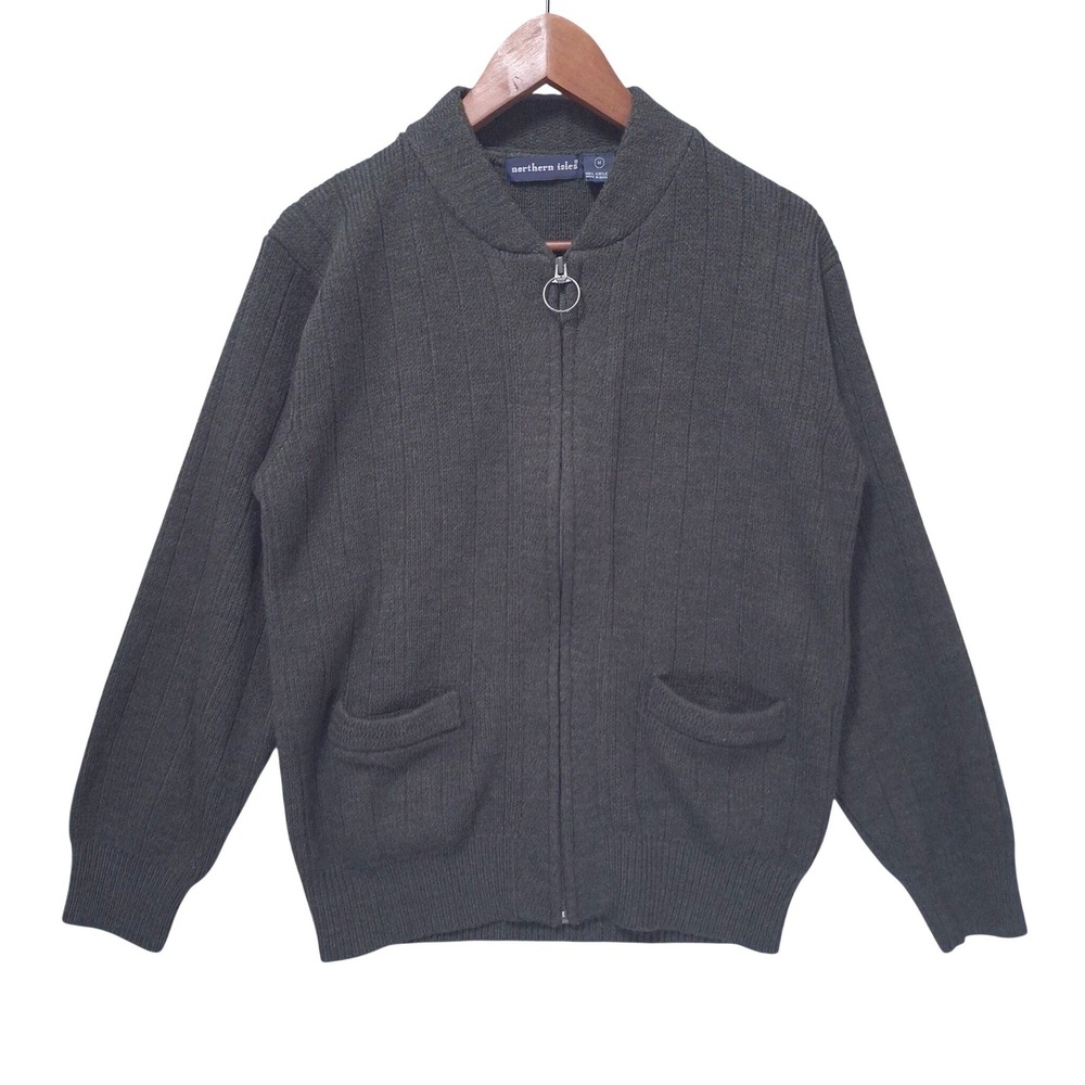 Vtg Northern Isles Full Zip Cardigan‎ Sweater Mens M Green Pockets Grandpacore